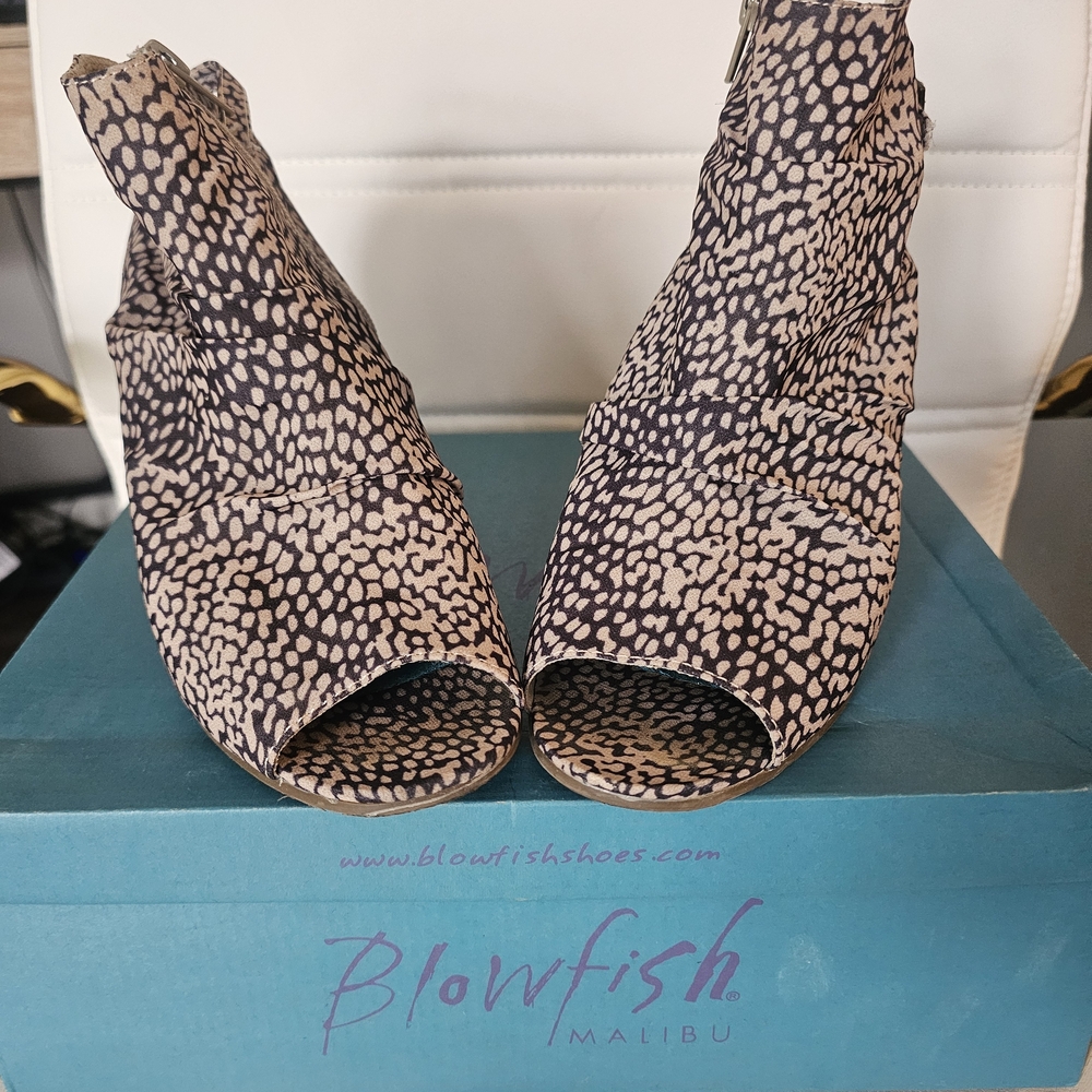 Blowfish Beige and Black Peep Toe Mules